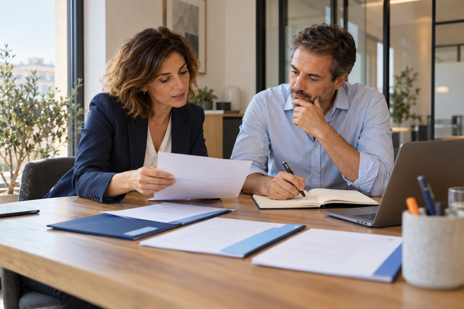 Due professionisti confrontano documenti e annotano le attività da seguire in un ufficio.